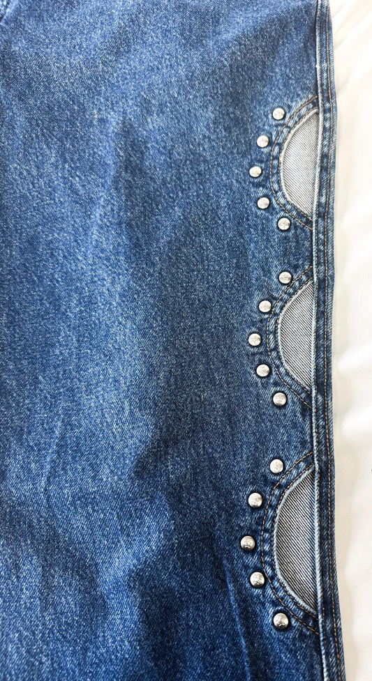 Vintage Rockies Cut Out Stud Accent Dark Wash Bootcut Jeans, Size 37" x 30", Unique Statement Western Boho Festival Jeans
