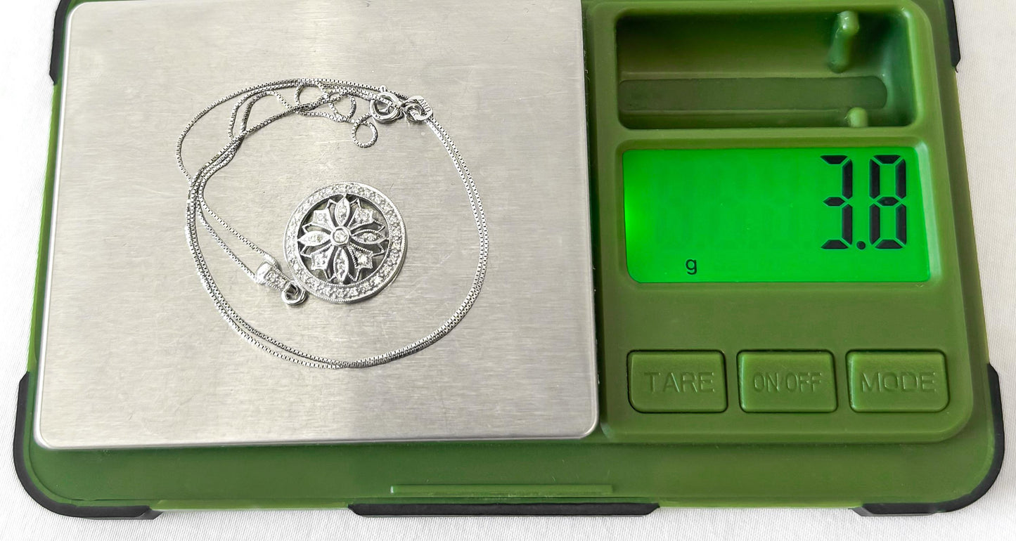 14K White Gold Diamond Floral Circle Pendant Necklace, Roughly 19", Simple Elegant Minimalist Necklace