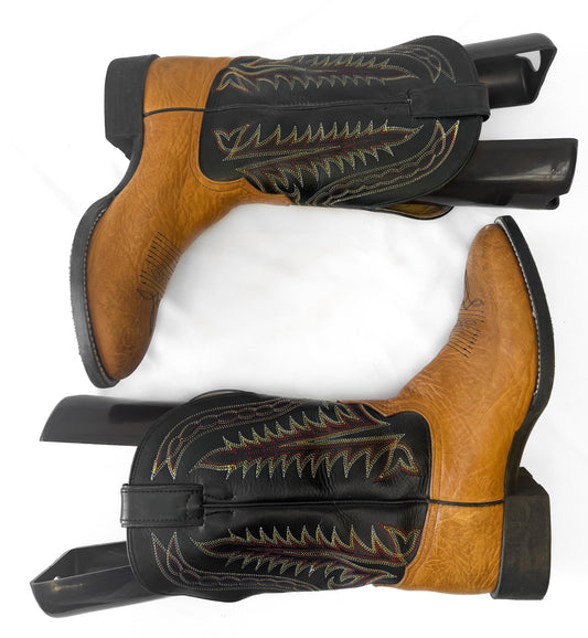 Vintage Tony Lama Roper Brown Black Fern Stitch Leather Cowboy Boots, Men's Sz. 8D, Unique Western Festival Boots