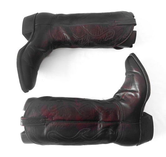 J. Chrisholm Black Cherry Red Leather Cowboy Boots, Men's Sz. 8.5D, Unisex Vintage Festival Cowboy Boots