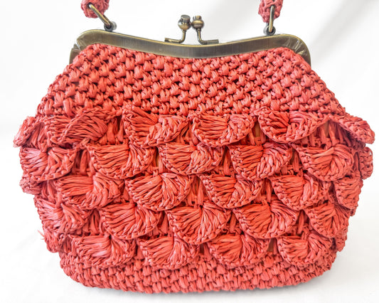 NWOT Patricia Nash Laureana Coral Pink Burnt Orange Scalloped Raffia Top Handle Satchel Bag, Coquette Cottage Core Boho Handbag