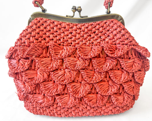 NWOT Patricia Nash Laureana Coral Pink Burnt Orange Scalloped Raffia Top Handle Satchel Bag, Coquette Cottage Core Boho Handbag