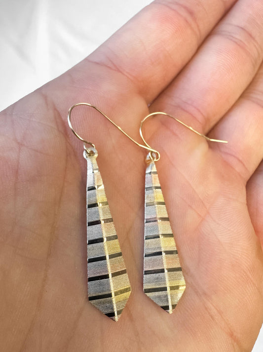 14K Tri-Color Striped Rhombus Dangle Earrings, 1.25 Inches, Unique Simple Dainty Earrings