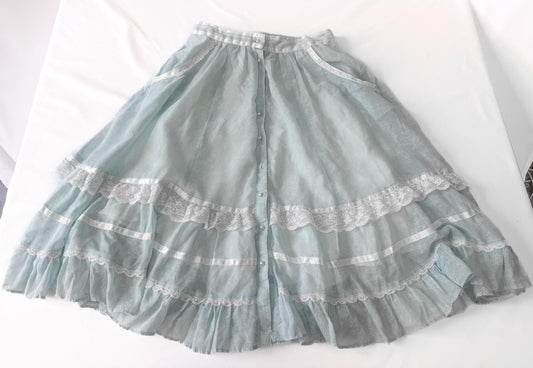 Vintage 70s Gunne Sax Baby Blue Lace Button Skirt, Approx. Size 2/4, 26" Waist, Vintage Cottage Core Coquette Prairie Style Skirt