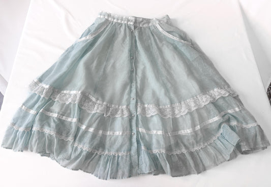 Vintage 70s Gunne Sax Baby Blue Lace Button Skirt, Approx. Size 2/4, 26" Waist, Vintage Cottage Core Coquette Prairie Style Skirt