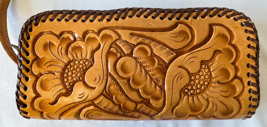 Vintage 70s Handcrafted Floral Tooled Leather Wristlet Clutch, Western Boho Style Accessories