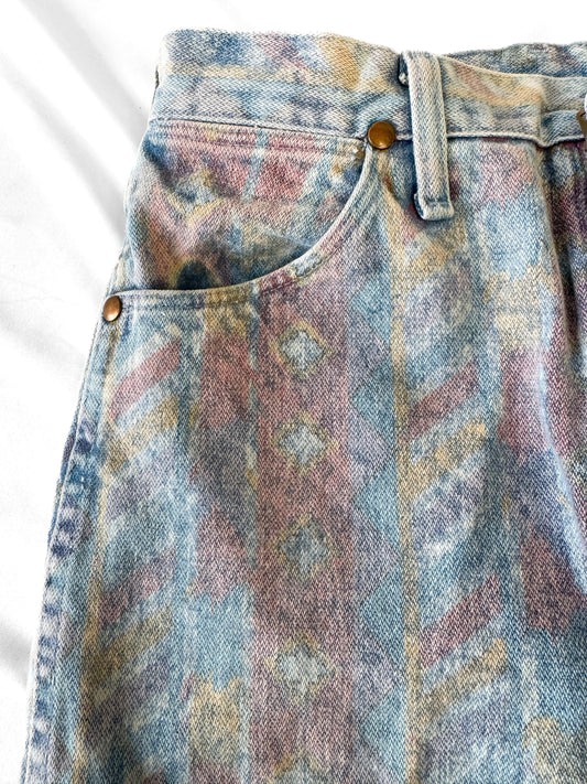 Vintage Wrangler Light Wash Faded Geometric Print Tapered Jeans, Sz. 28" x 34", Unique Retro Western Festival Jeans