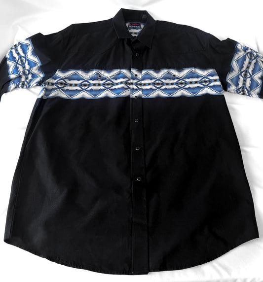 Vintage Roper Black Blue White Aztec Southwest Geometric Print Button Up, Men's Sz. L, Vintage Unisex Western Festival Shirt