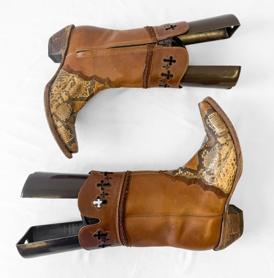 Vintage Style Corral Brown Snakeskin Leather Cross Cut Out Ankle Cowboy Boots, Women's Sz. 7.5M, Unique Western Festival Boots