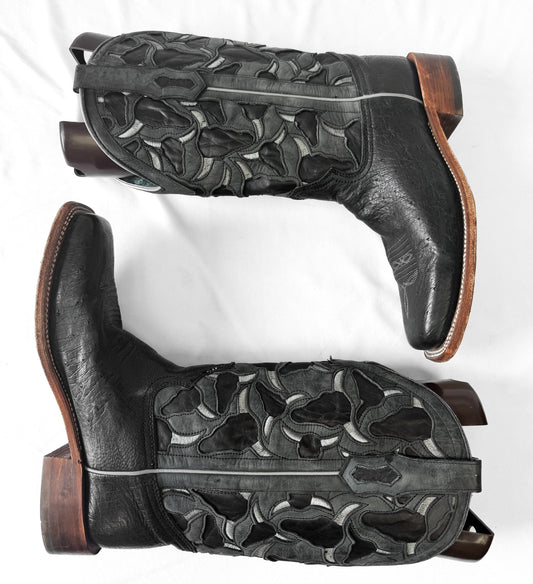 Vintage Style Corral Black Gray Longhorn Bull Inlay Smooth Ostrich Quill Leather Unisex Cowboy Boots Women's Sz 11D, Western Festival Boots