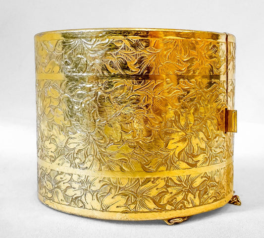 Vintage Miriam Haskell Gold Toned Floral Etched Thick Hinged Cuff Bangle
