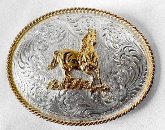 Vintage Montana Silversmiths Gold Silver Toned Horse Floral Belt Buckle, Unique Statement Western Belt Buckle