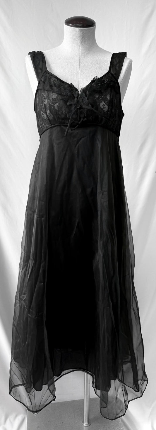 Vintage Black Floral Ruffle Lace Bodice Nylon Flowy Peignoir Slip Dress, Sz. M