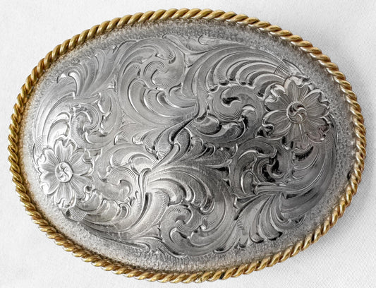 Vintage Montana Silversmiths Gold Silver Toned Floral Etched Oval Belt Buckle, Western Festival Rodeo Style Accessories