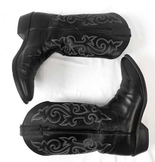Vintage Style Justin 1409 Black London Calf Leather Cowboy Boots, Men's Sz. 10D, Western Festival Cowboy Boots