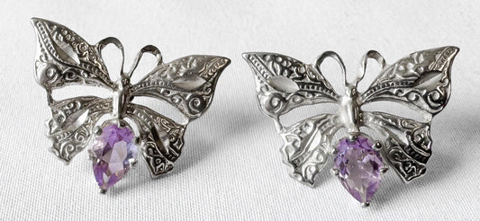 Vintage 925 Sterling Silver Amethyst Butterfly Stud Earrings, Boho Whimsy Brutalist Style Earrings