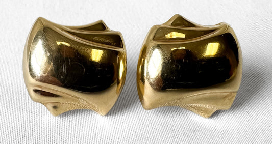 Vintage 585 14K Italy Yellow Gold Abstract Square Layered Omega Back Stud Earrings, Vintage Retro Minimalist Sculptural Earrings