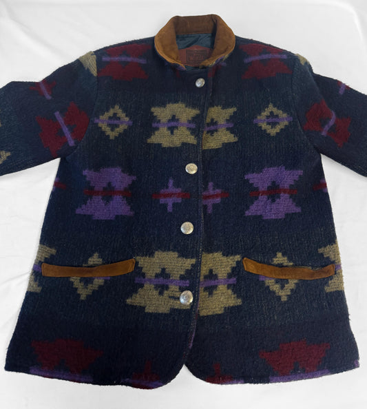 Vintage 90s Woolrich Navy Multicolor Aztec Southwest Navajo Print Wool Suede Button Cardigan Sweater, Women's Sz. S