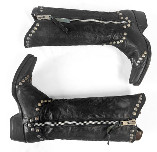 Vintage Style Old Gringo "Rockrazz" Black Studded Leather Knee High Cowboy Western Boots, Women's Sz. 6.5B