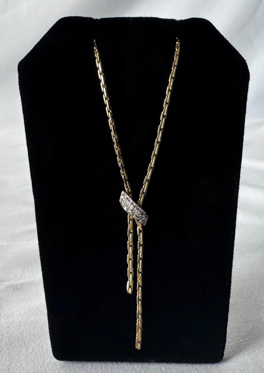 Vintage 14K Yellow Gold Diamond Elongated Geometric Box Chain Fixed Lariat 19 Inch Necklace