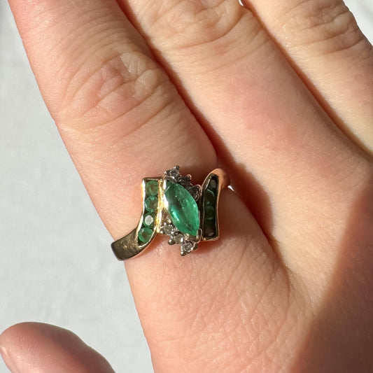 Vintage 10K Yellow Gold Marquise Emerald Diamond Accent Bypass Ring, Sz. 5.5, Estate Art Deco Mid-Century Cocktail Style Ring