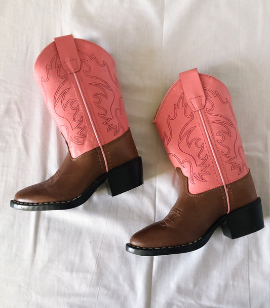 Old West Brown Cowhide Boots, Kids 8.5 D