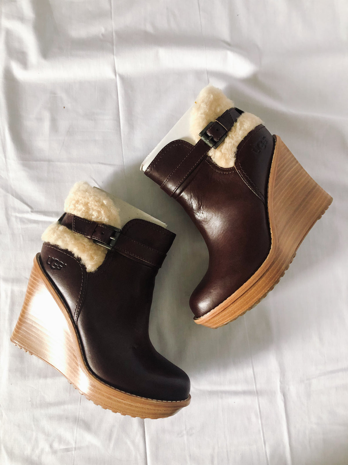 UGG Anais Brown Leather Wedge Booties, Women's Sz. 6
