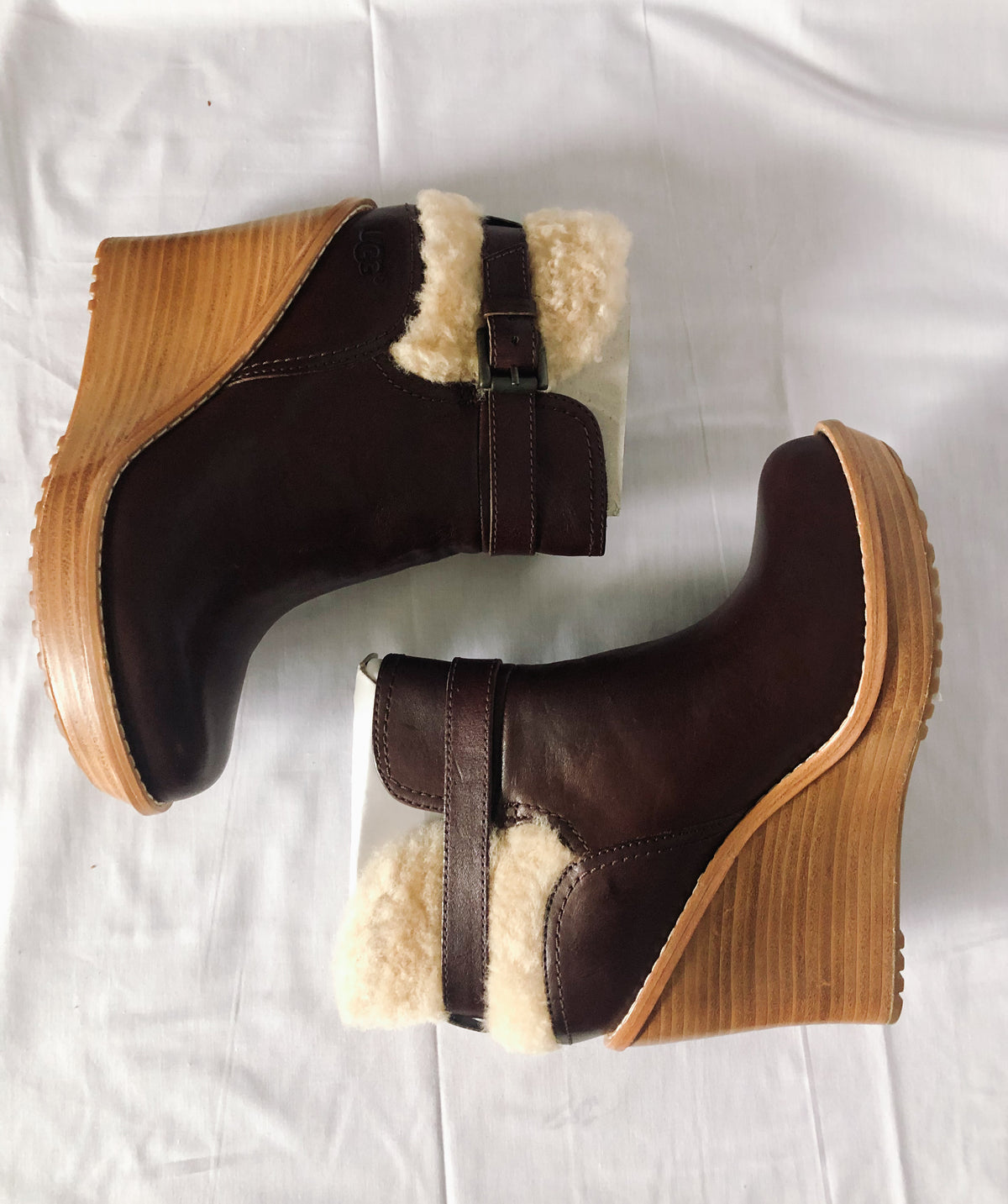 UGG Anais Brown Leather Wedge Booties, Women's Sz. 6