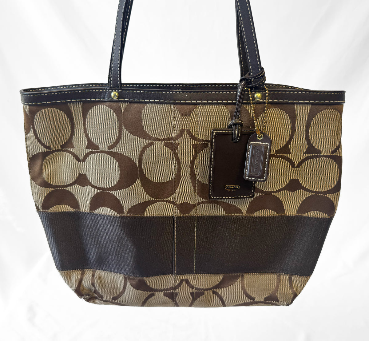 Y2K Coach Canvas Signature Stripe Beige Shoulder Tote Bag, Style #10124