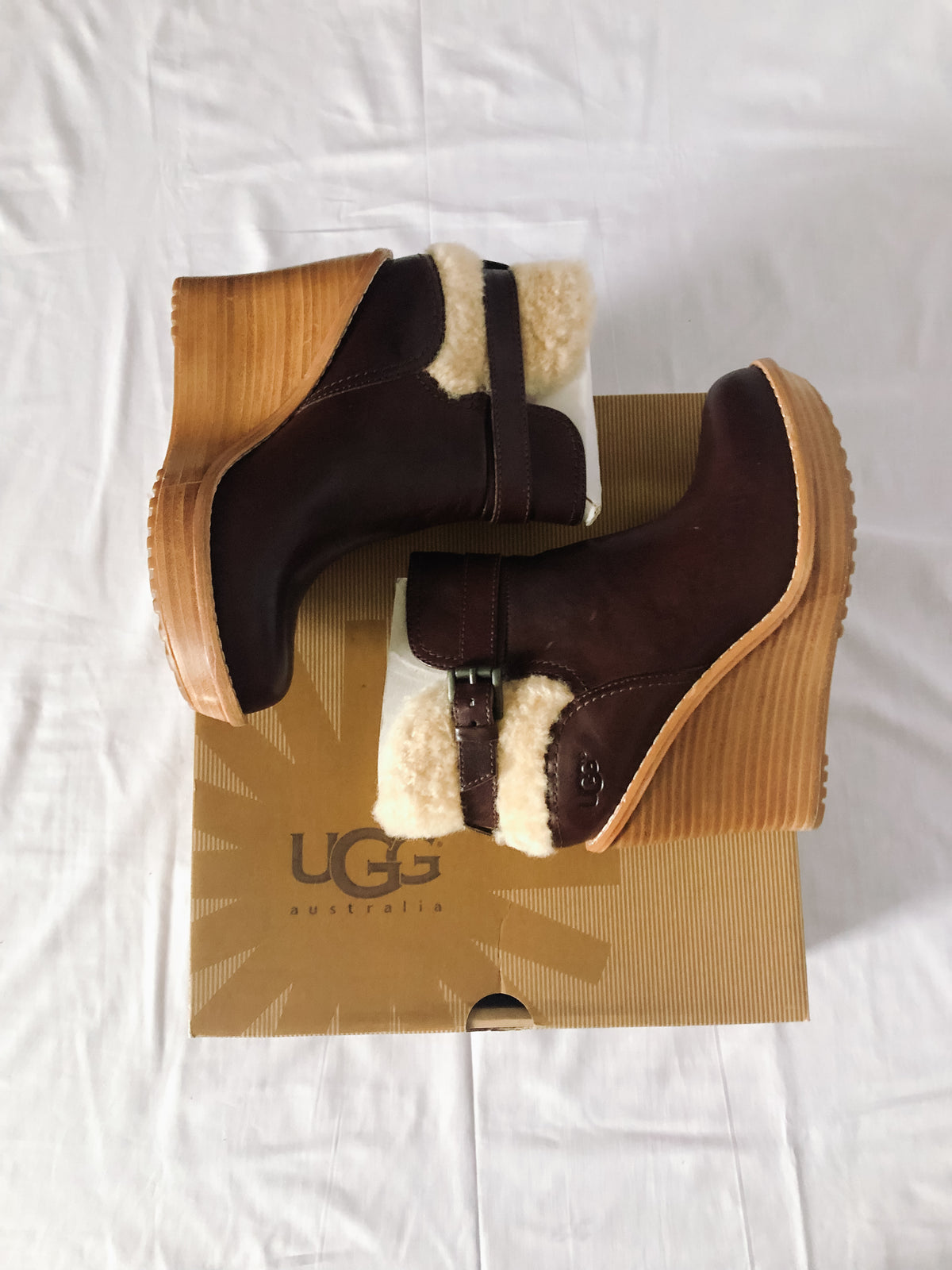 UGG Anais Brown Leather Wedge Booties, Women's Sz. 6