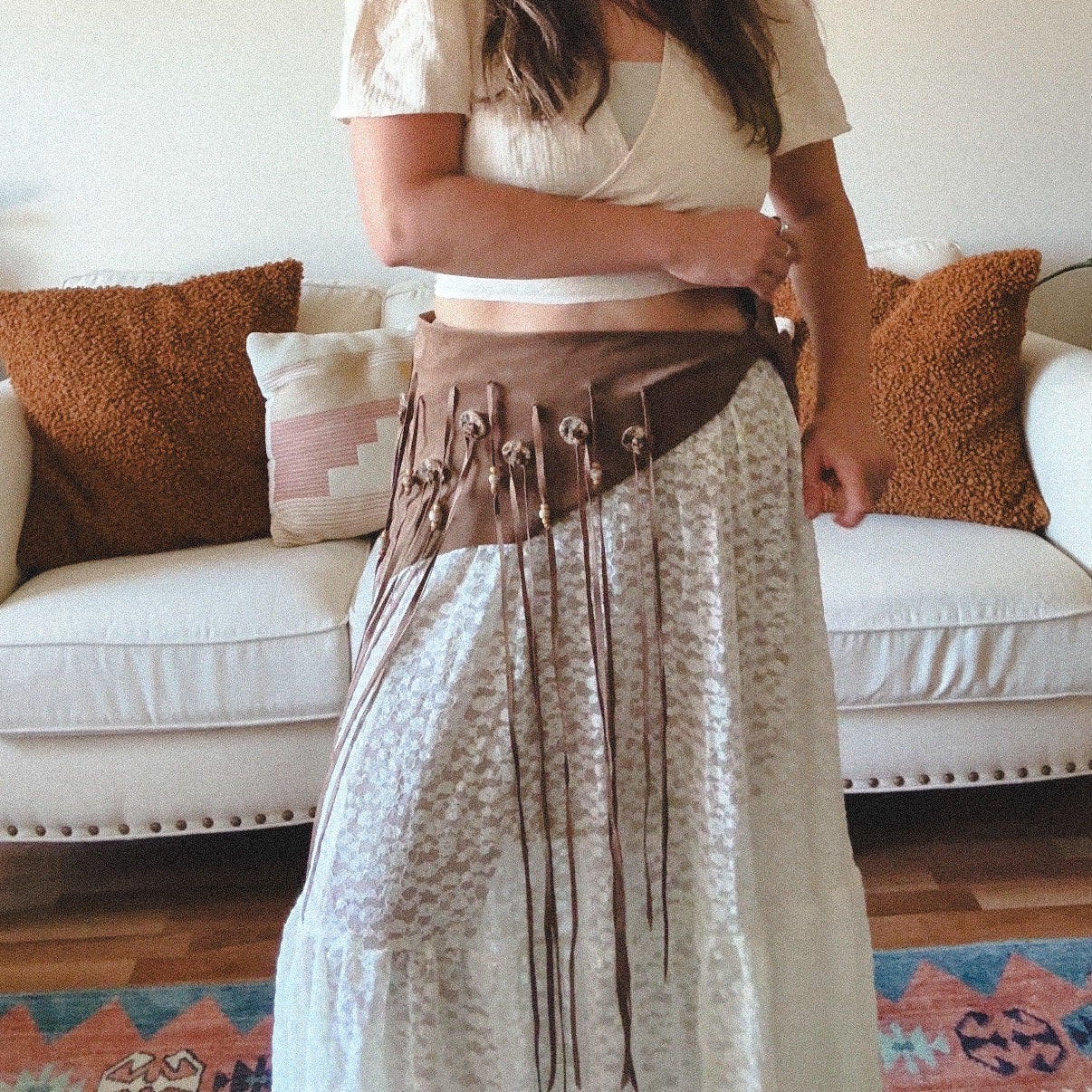 NWT Carol Kohnke Handmade Suede Wooden Bead Fringe Belt, Multi-Way Top, Skirt, Belt