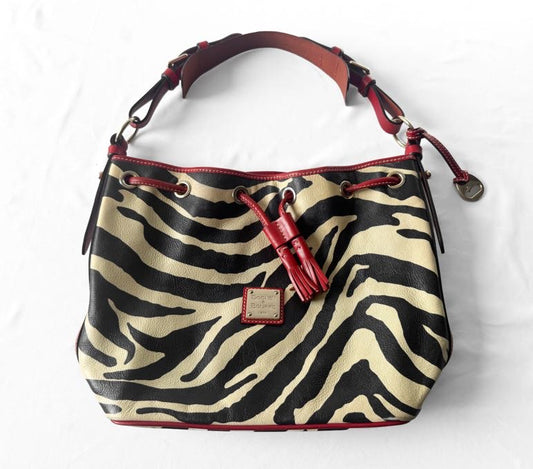 Y2K Dooney and Bourke Safari Cream Zebra Print Leather Drawstring Bucket Bag