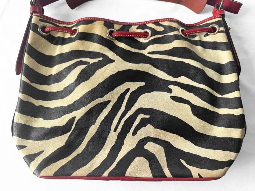 Y2K Dooney and Bourke Safari Cream Zebra Print Leather Drawstring Bucket Bag