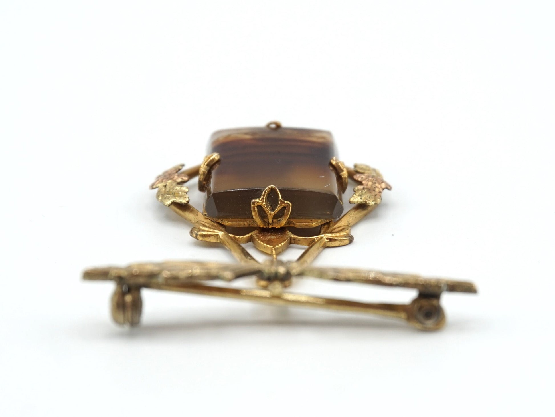 50s Estate WHITE CO Floral Agate Brooch Pin Gold Filled, Vintage Collectors Jewelry
