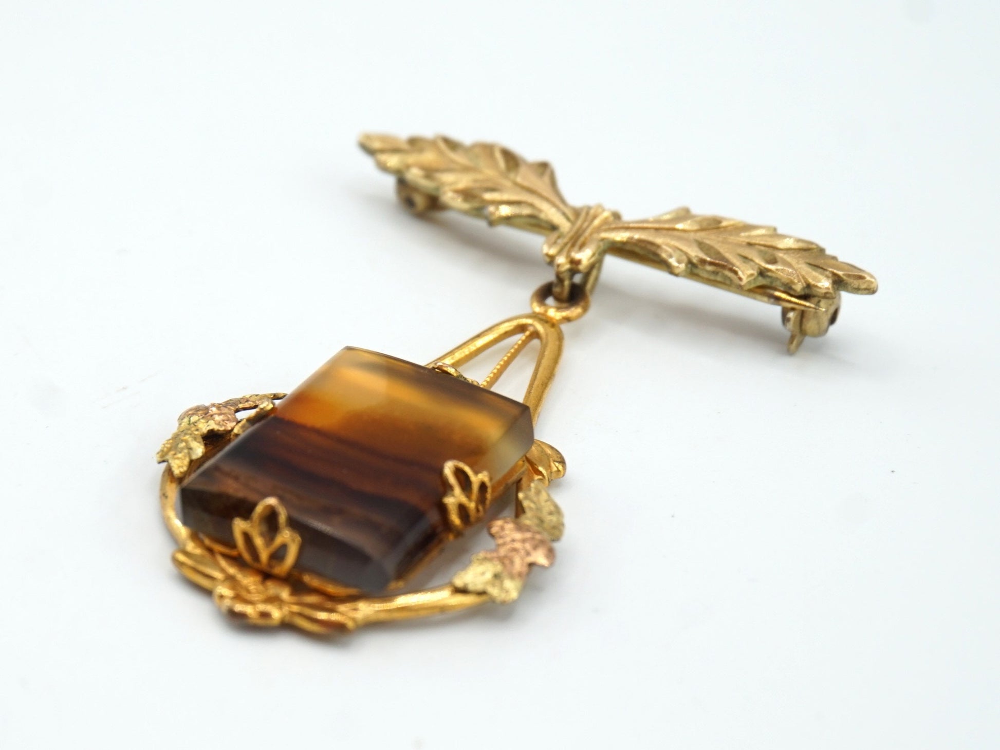 50s Estate WHITE CO Floral Agate Brooch Pin Gold Filled, Vintage Collectors Jewelry