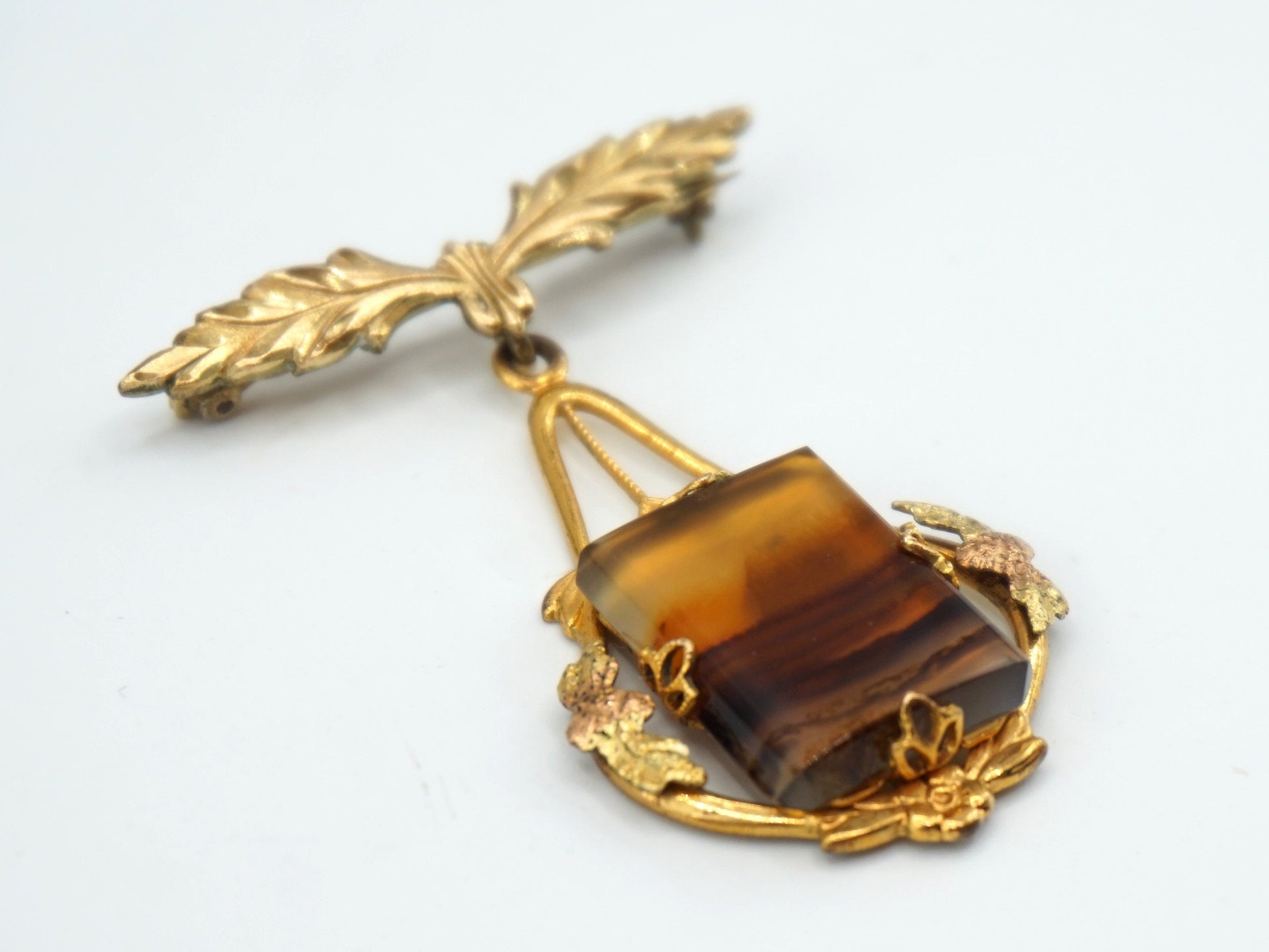 50s Estate WHITE CO Floral Agate Brooch Pin Gold Filled, Vintage Collectors Jewelry