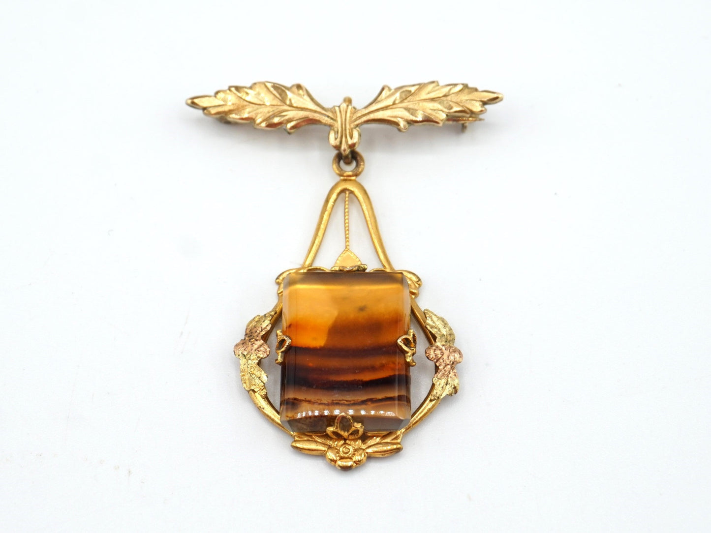 50s Estate WHITE CO Floral Agate Brooch Pin Gold Filled, Vintage Collectors Jewelry