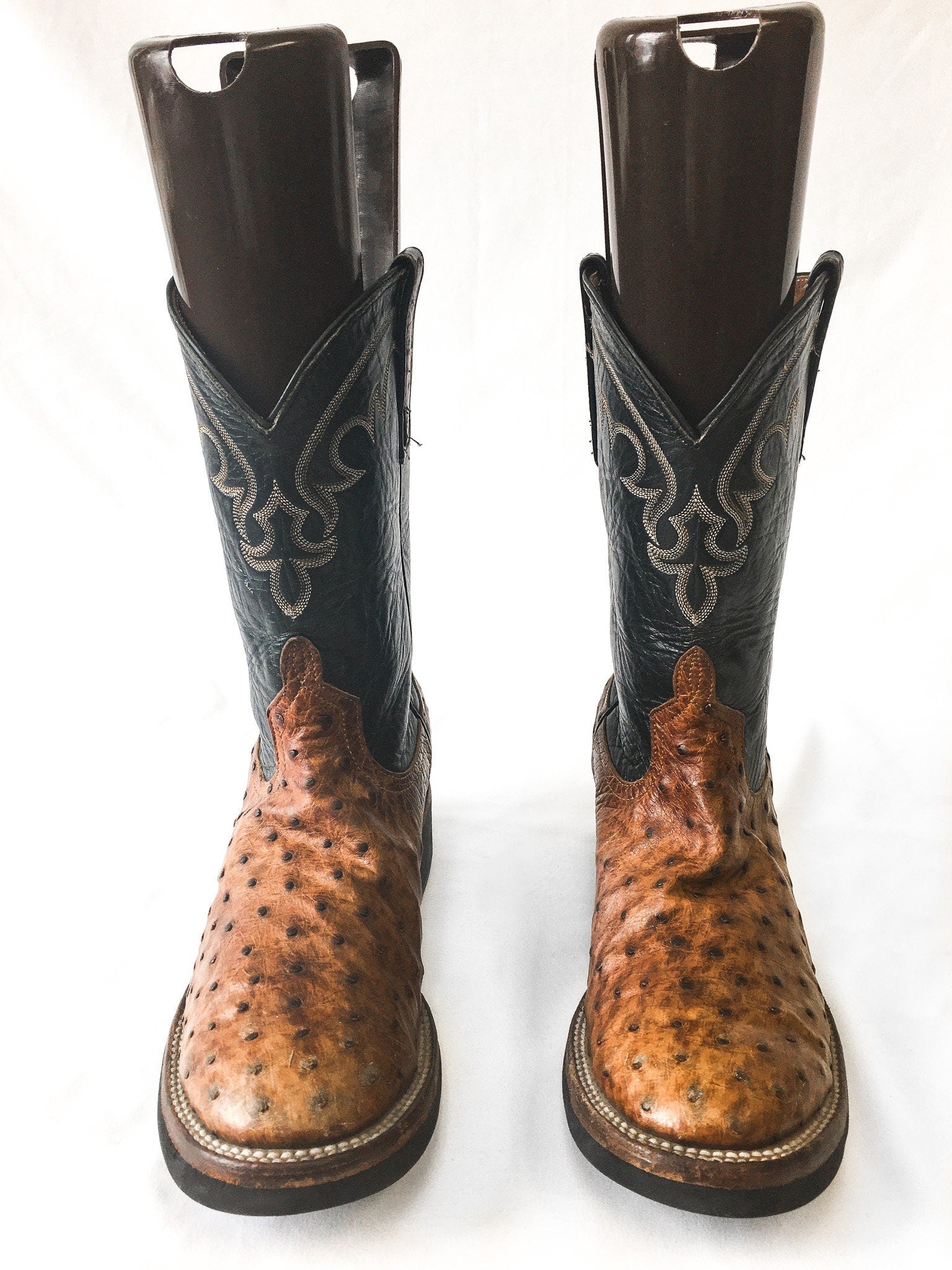 Vintage Anderson Bean Boot Co. Black and Brown Ostrich and Leather Embroidered Cowboy Boots, Men's Sz. 9D, Vintage Western Boots