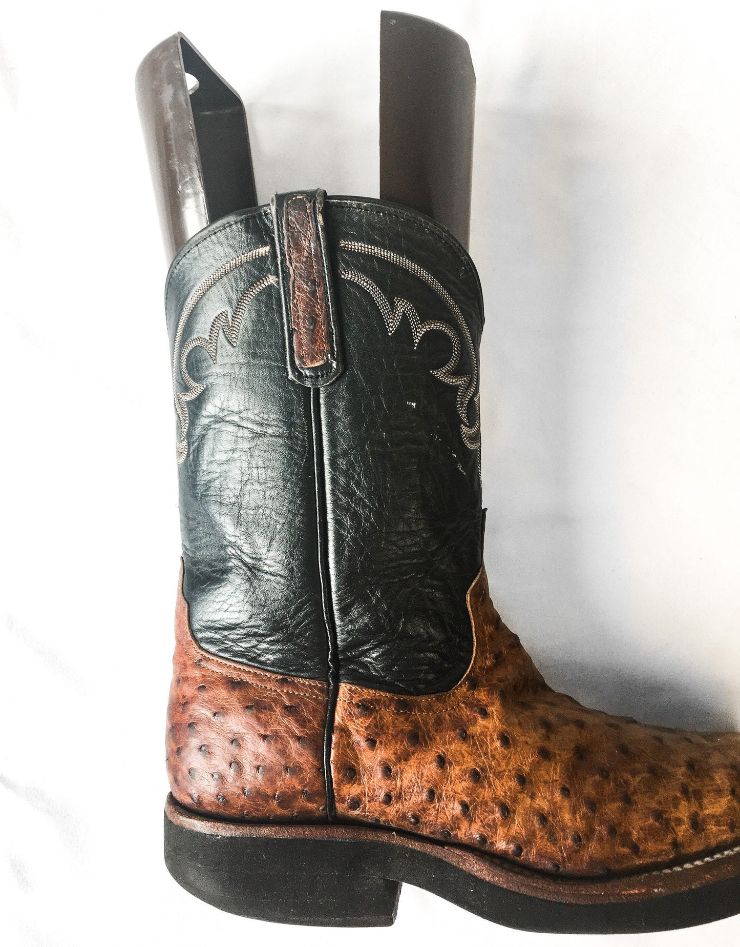 Vintage Anderson Bean Boot Co. Black and Brown Ostrich and Leather Embroidered Cowboy Boots, Men's Sz. 9D, Vintage Western Boots