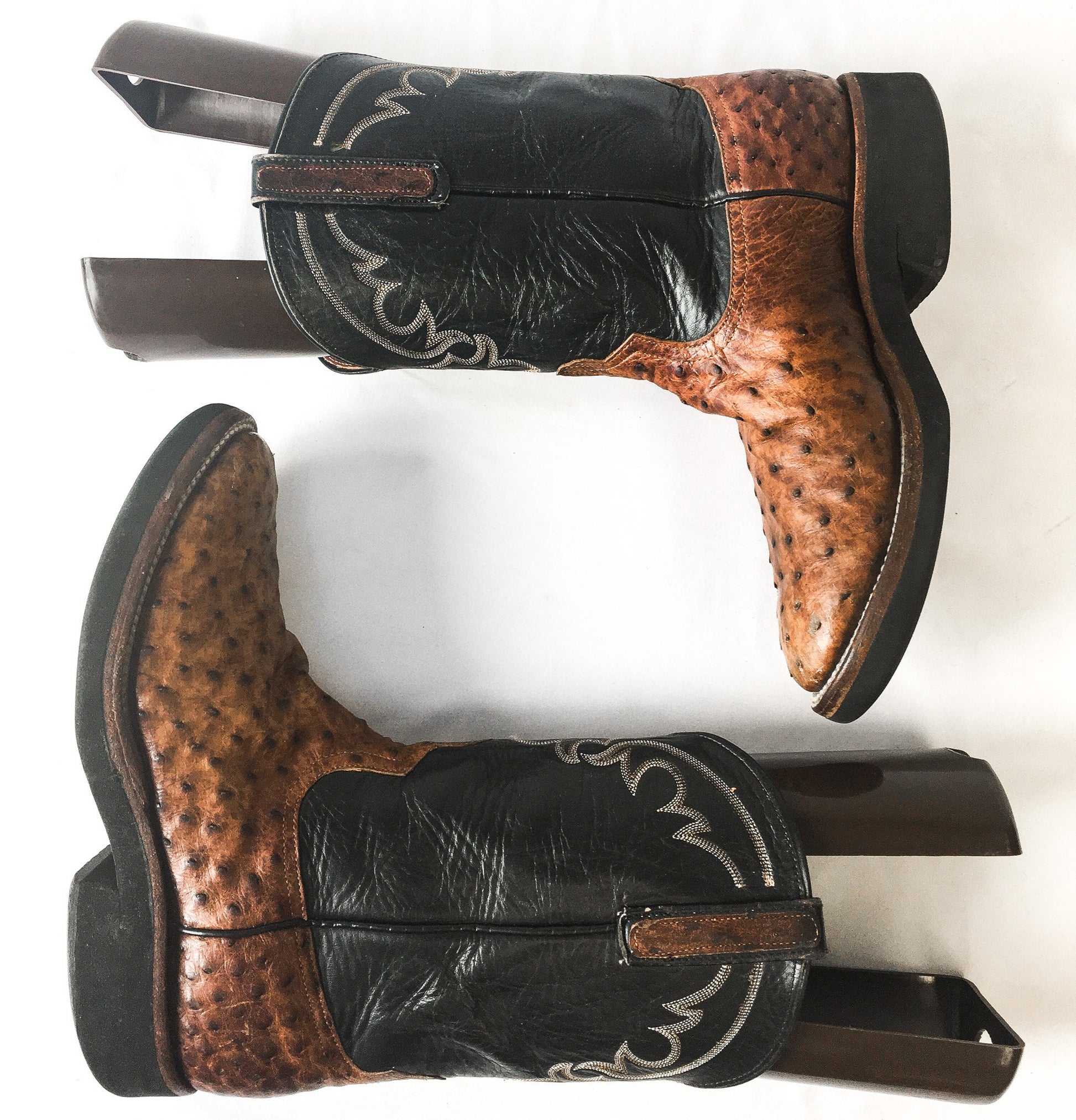 Vintage Anderson Bean Boot Co. Black and Brown Ostrich and Leather Embroidered Cowboy Boots, Men's Sz. 9D, Vintage Western Boots