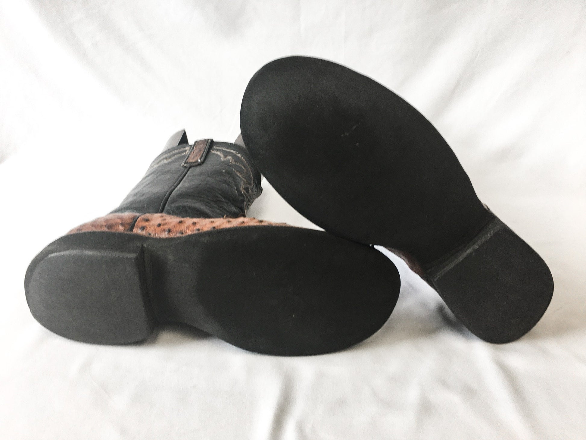 Vintage Anderson Bean Boot Co. Black and Brown Ostrich and Leather Embroidered Cowboy Boots, Men's Sz. 9D, Vintage Western Boots