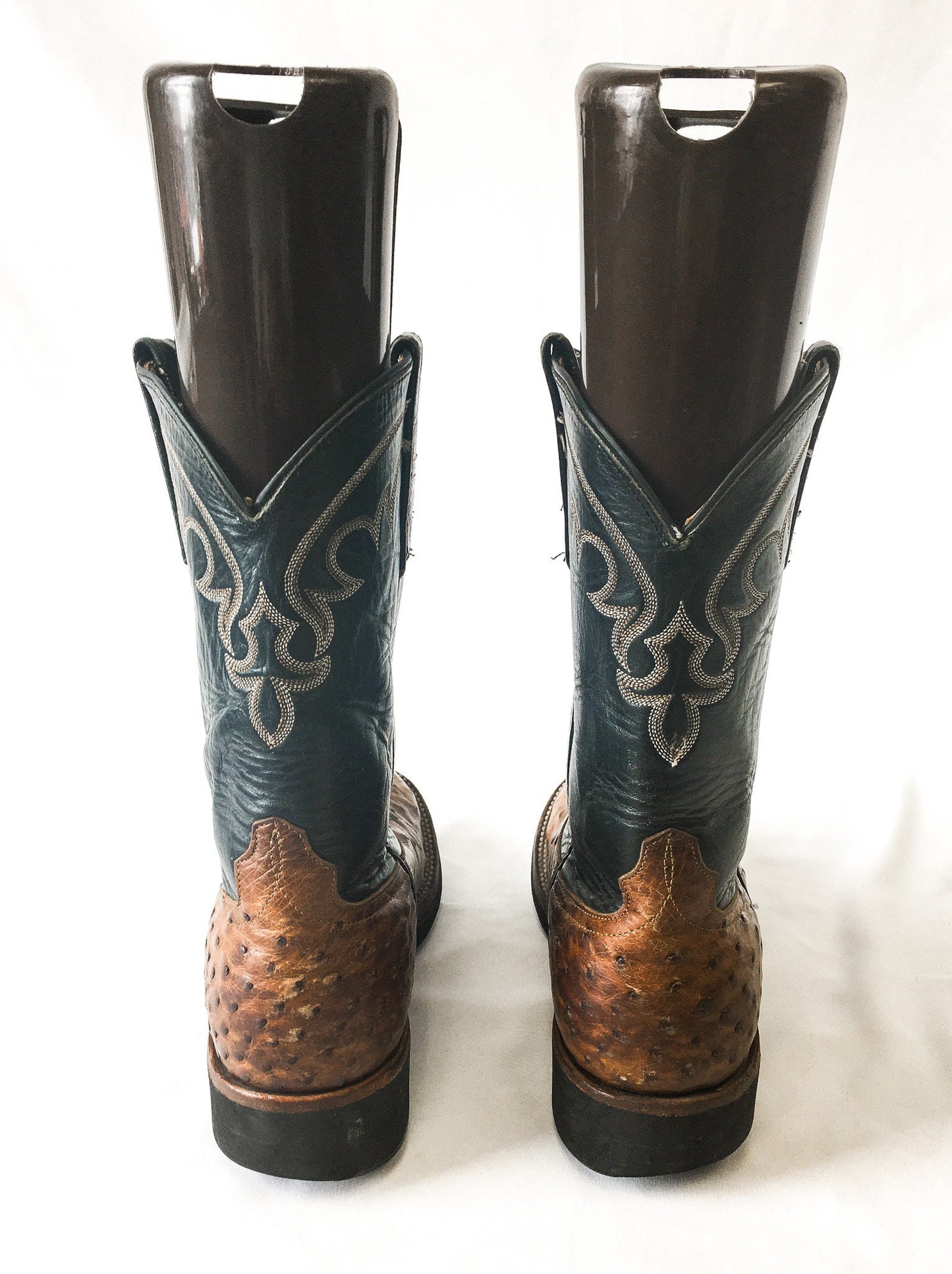Vintage Anderson Bean Boot Co. Black and Brown Ostrich and Leather Embroidered Cowboy Boots, Men's Sz. 9D, Vintage Western Boots