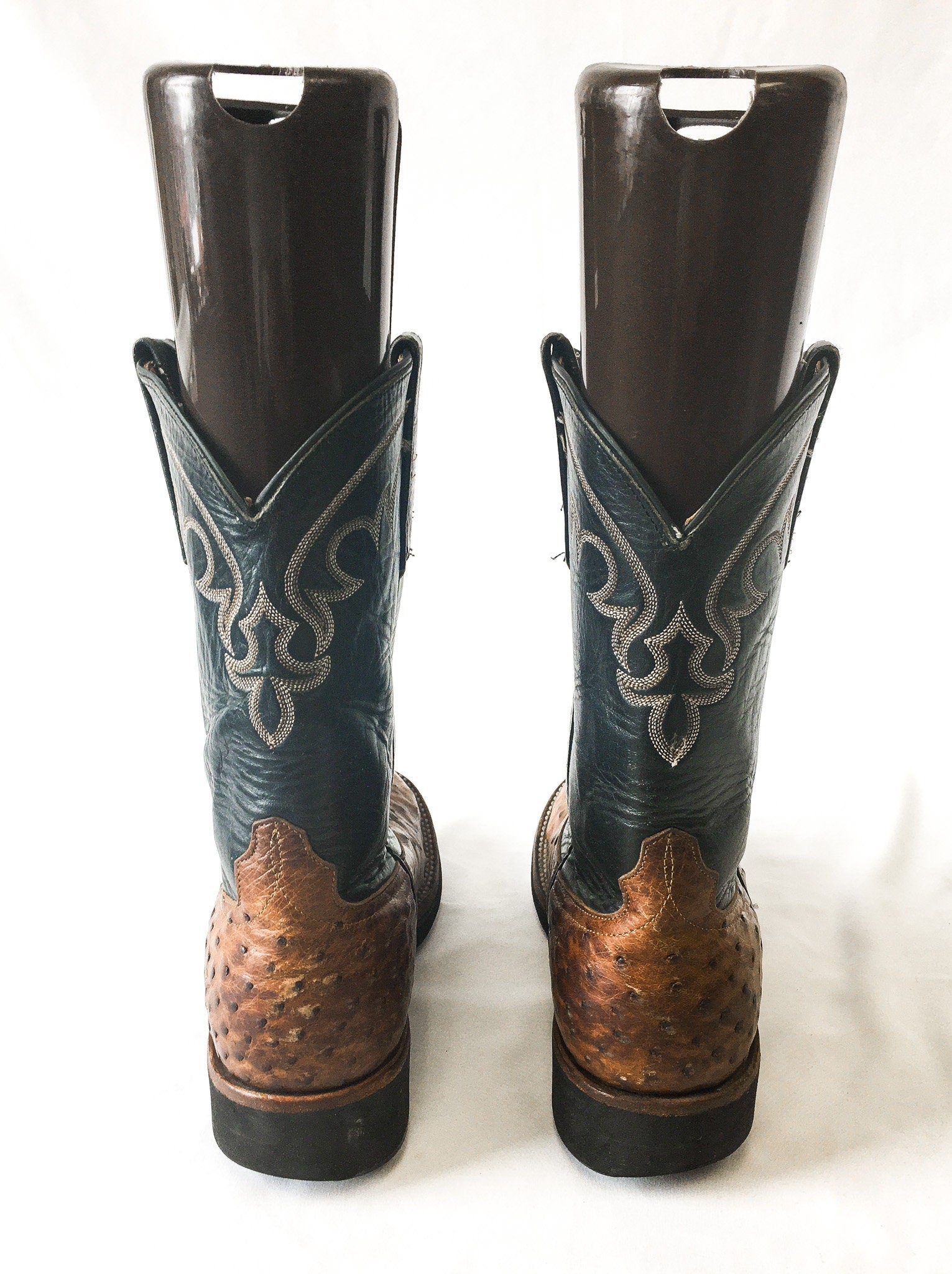 Vintage Anderson Bean Boot Co. Black and Brown Ostrich and Leather Embroidered Cowboy Boots, Men's Sz. 9D, Vintage Western Boots
