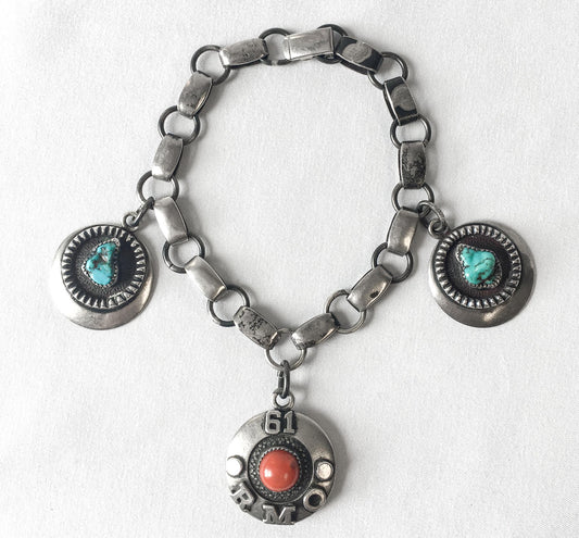 Vintage Frank Patania Sr. Sterling Silver with Turquoise and Coral Bracelet Circa 1961, Custom Made, Possibly one of a Kind, 8.5"
