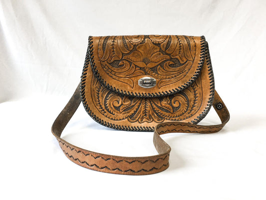 Vintage 60s Handcrafted Tooled "Jeannie" Leather Crossbody Handbag with Floral Engraving