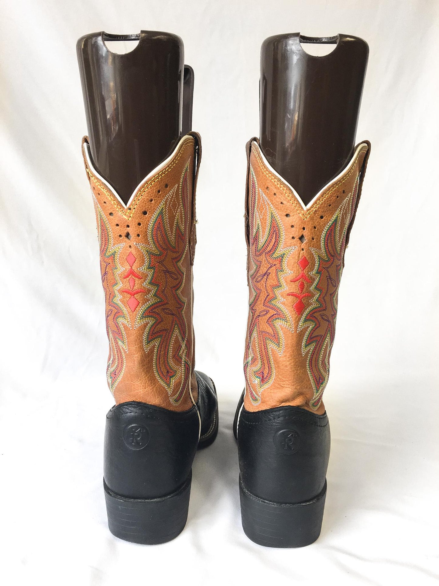 Vintage Inspired Tony Lama Black and Brown Leather Cowboy Boots with Multicolor Embroidery, Style #RR22113L, Men's Sz. 9B