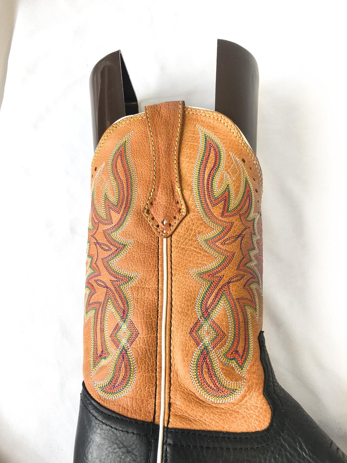 Vintage Inspired Tony Lama Black and Brown Leather Cowboy Boots with Multicolor Embroidery, Style #RR22113L, Men's Sz. 9B