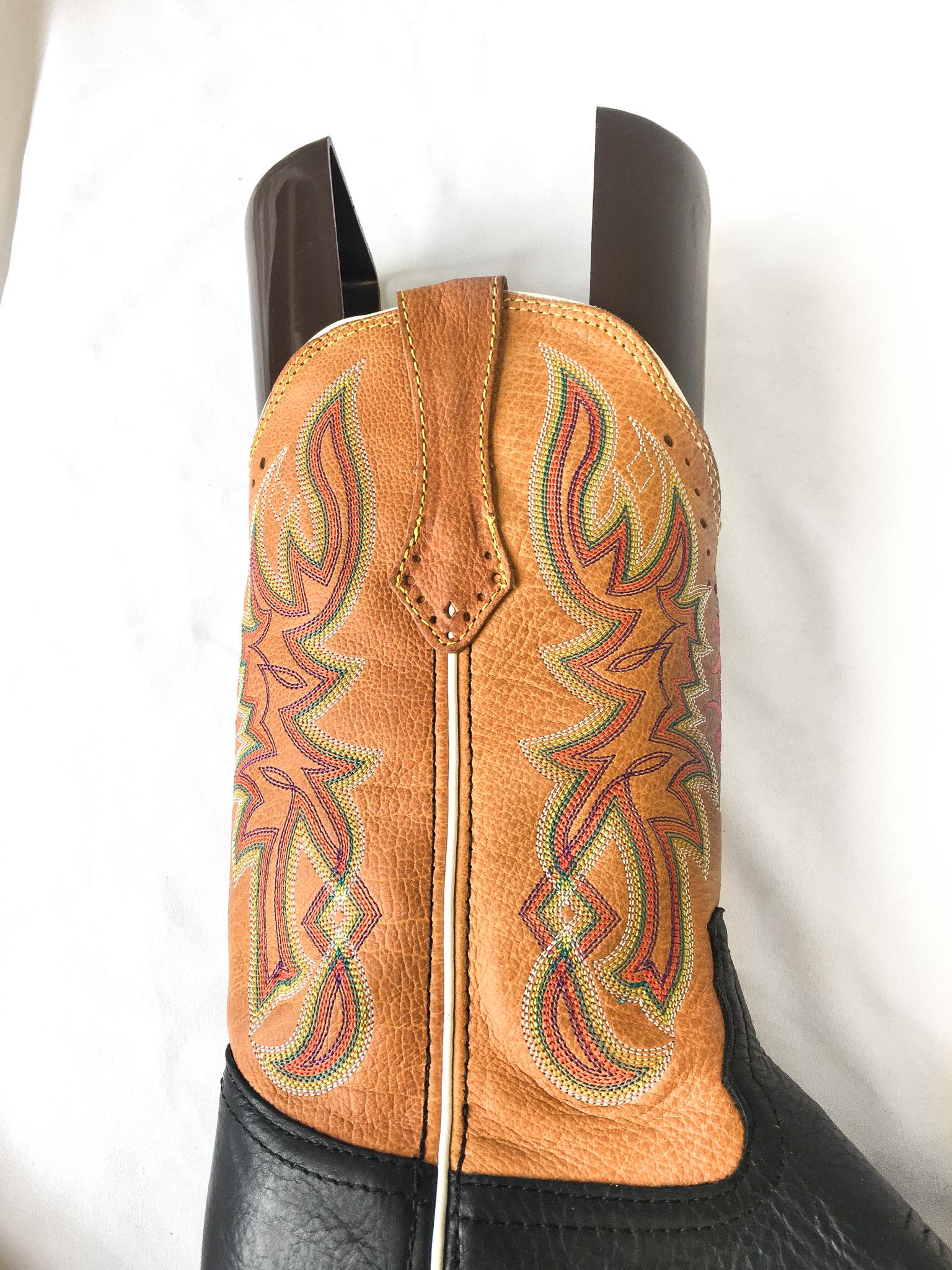 Vintage Inspired Tony Lama Black and Brown Leather Cowboy Boots with Multicolor Embroidery, Style #RR22113L, Men's Sz. 9B
