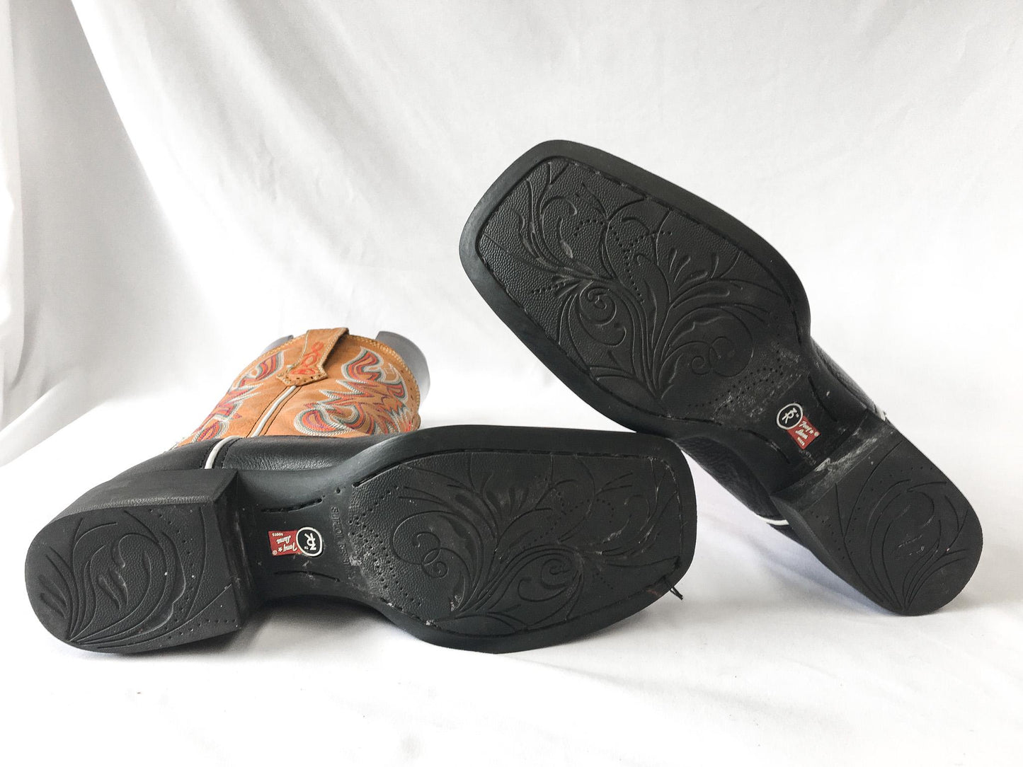 Vintage Inspired Tony Lama Black and Brown Leather Cowboy Boots with Multicolor Embroidery, Style #RR22113L, Men's Sz. 9B