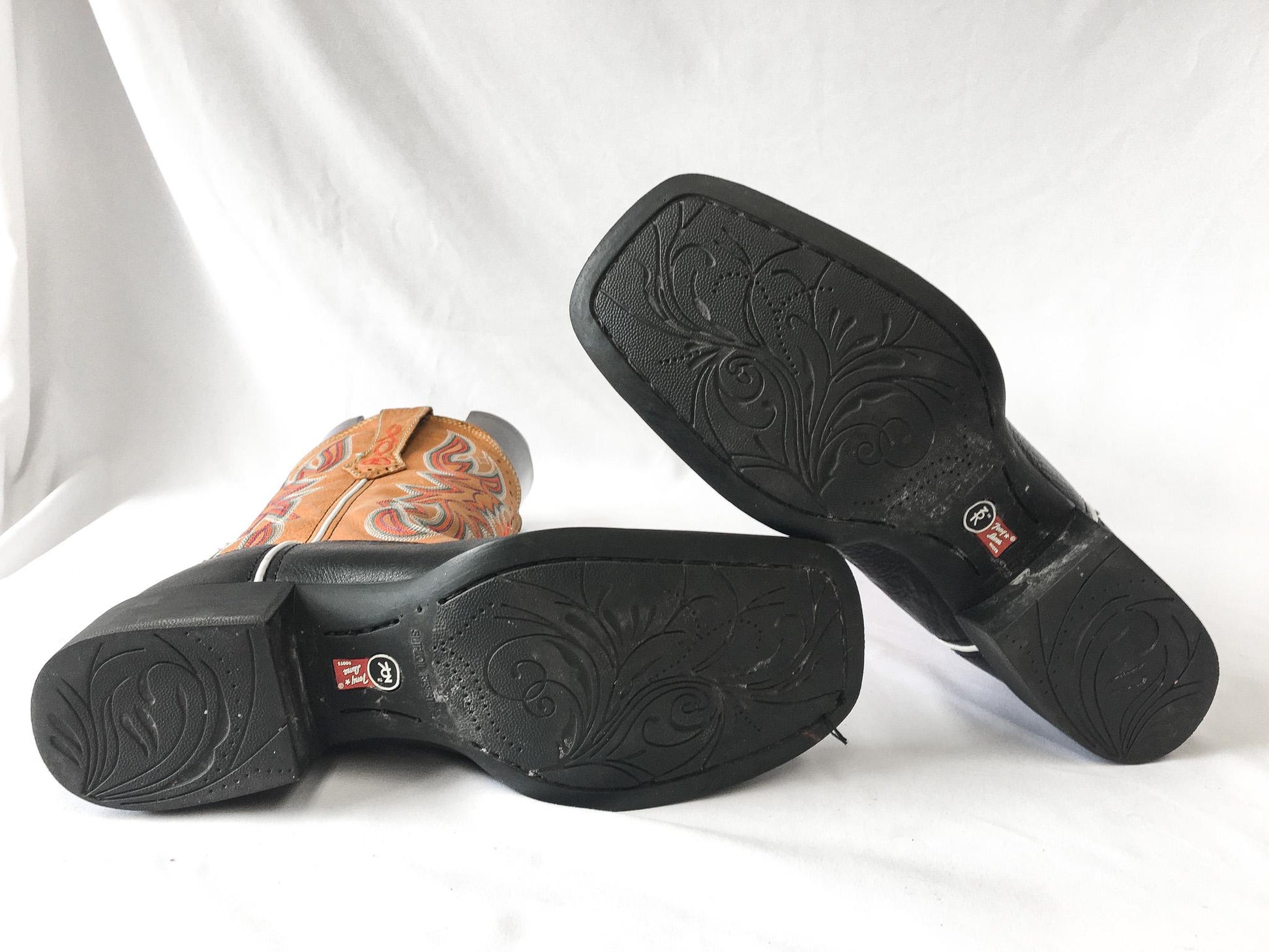 Vintage Inspired Tony Lama Black and Brown Leather Cowboy Boots with Multicolor Embroidery, Style #RR22113L, Men's Sz. 9B